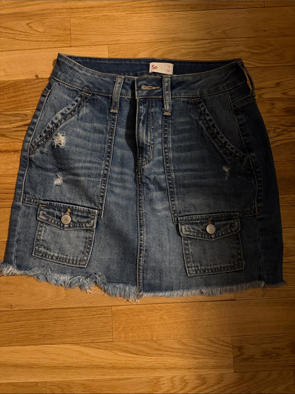 SO Distressed Denim Cargo Mini Skirt in Medium Blue